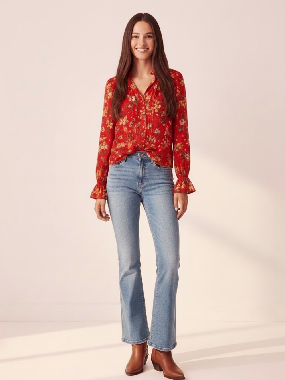 Anthropologie Red Floral Long-Sleeve Blouse